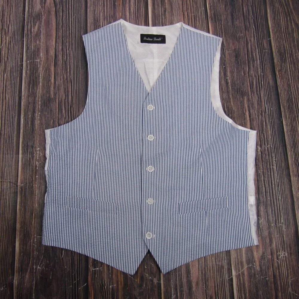 Fortino Landi Vest Mens 40 Blue Striped Cotton Polyester 3 Piece Suit Waistcoat